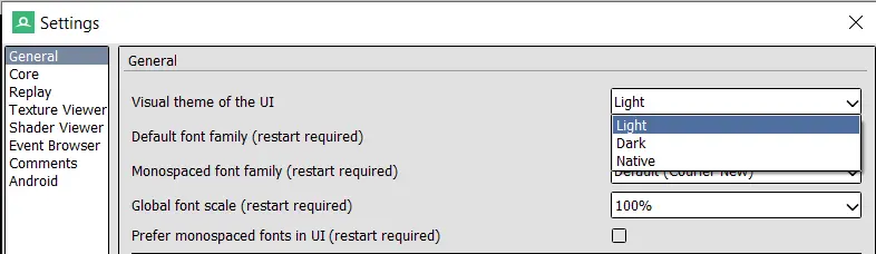 Screenshot of RenderDoc option to enable dark mode