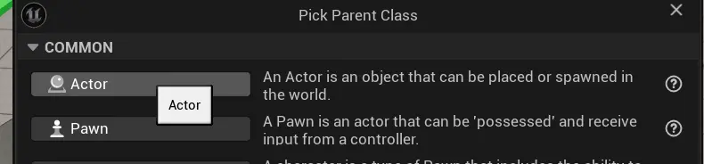 Screenshot of selecting Actor class while creating new Blueprint in Unreal Engine