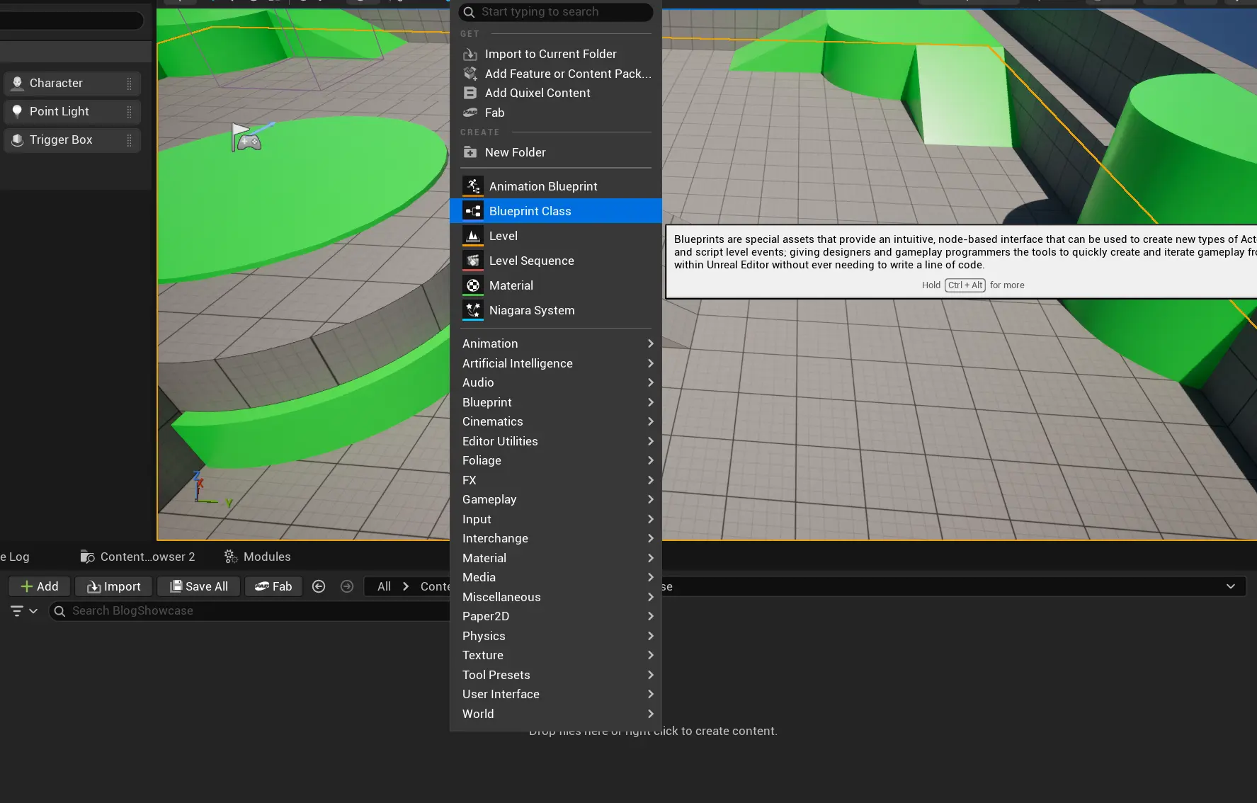 Screenshot of how to create new blueprint in Unreal Engine