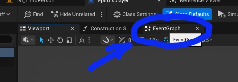 Screenshot of Event Graph tab in Unreal blueprint editor, with blue arrow pointing to it