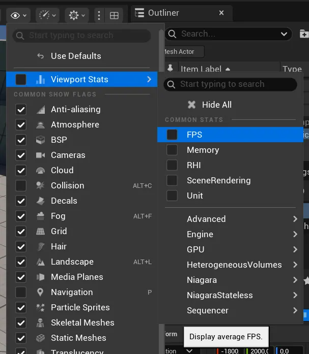 Enable FPS display checkbox in unreal engine 5