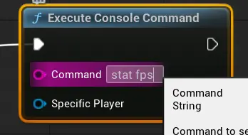 Screenshot of typing stat fps command in the blueprint execute command node console