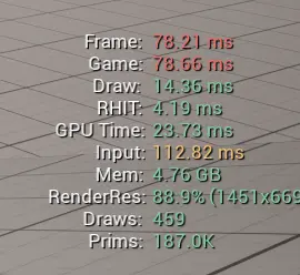 Screenshot of Unreal stat unit window showing CPU bound game by gameplay logic
